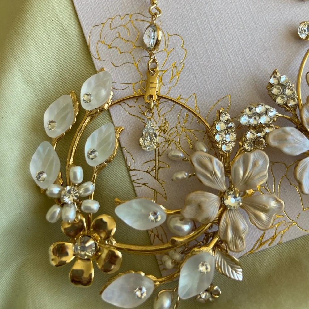 David's Bridal Gold Floral Hoop Earrings with Pearl Accents